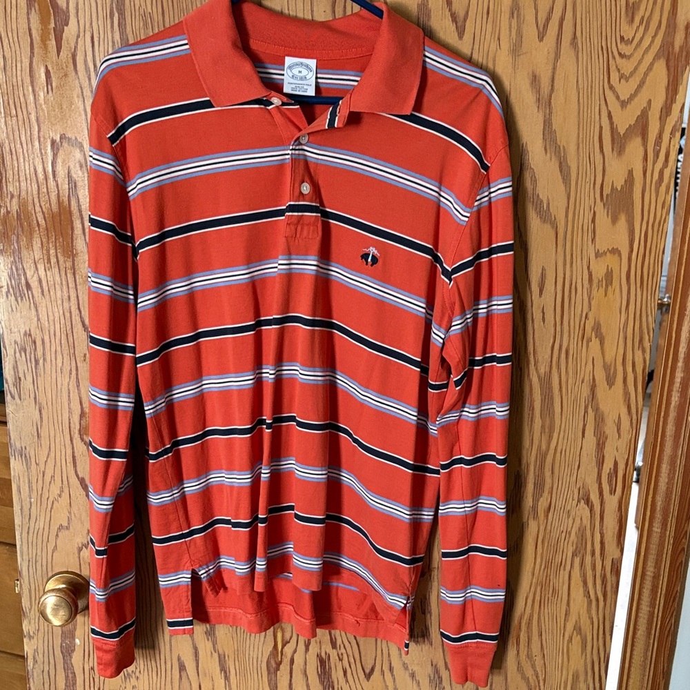 Brooks Brothers Orange Long Sleeve Polo with Blue and White Stripes - Medium